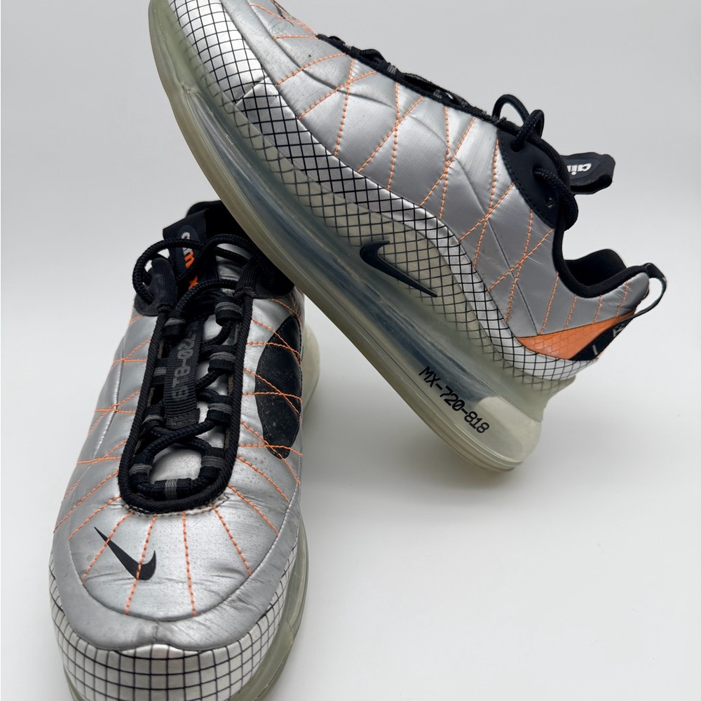 NIKE Air Max 720-818 Metallic Silver, Blk & Orange Sneakers